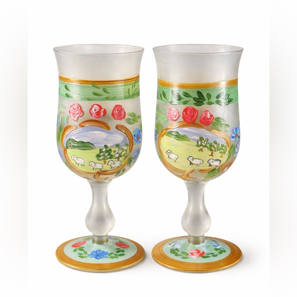 Vintage Hand Painted Frosted Glass Goblets Shepherd Scene Roses Floral 7.5”